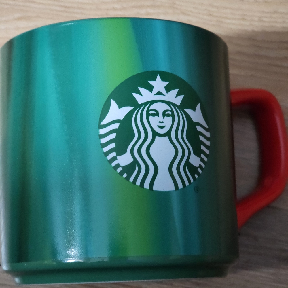 Starbucks Green Ombre Ceramic Mug with Red Handle